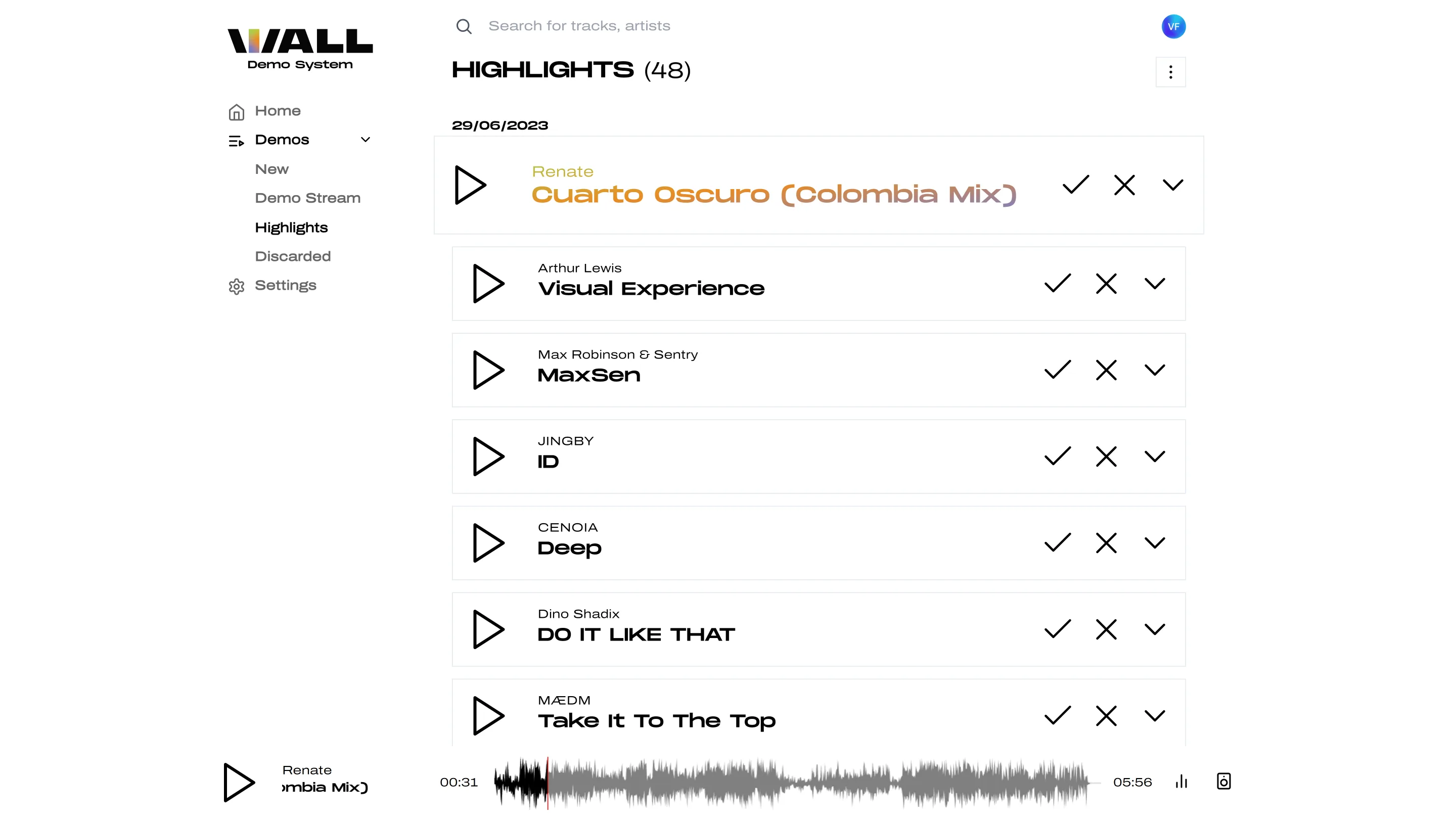 WALL Recordings white-label demo submissions tool dashboard — custom branding example