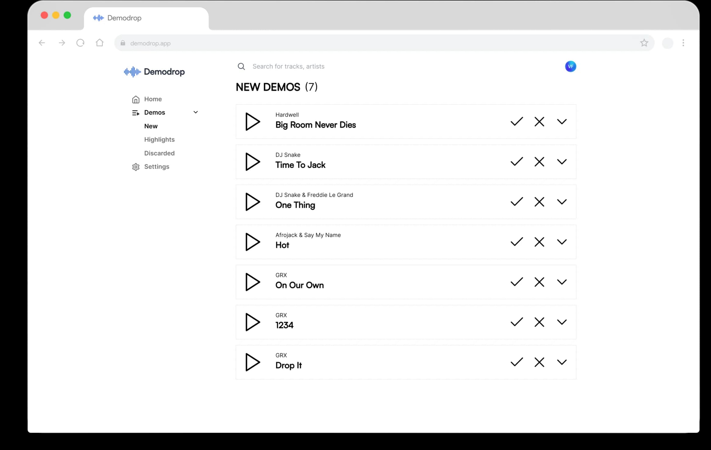 Demodrop A&R dashboard — review demo submissions, rate tracks, and manage your record label's signing workflow